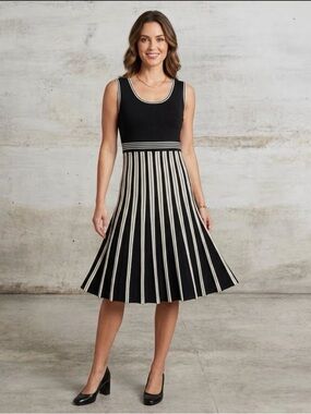 Max Edition Black and Cream Striped Midi Dress
